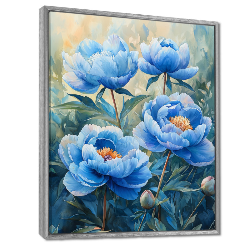 Aqua bleu pivoines dans le jardin II - pivoines, reproduction d'art sur toile encadrée, H 44 po x l 34 po, Argent argent