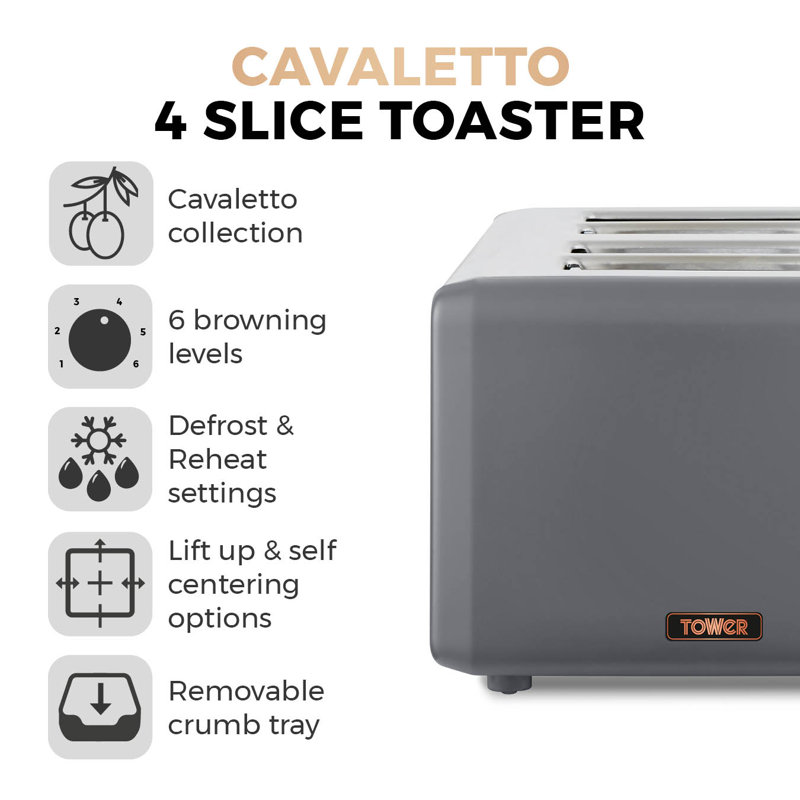 Tower Cavaletto 4-Slice Toaster with Defrost/Reheat, Stainless Steel, 1800 W, Grey