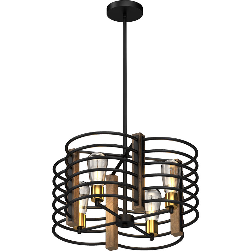 Lustre suspendu cage d'intérieur 4 lumières en bronze et noyer d'inspiration industrielle