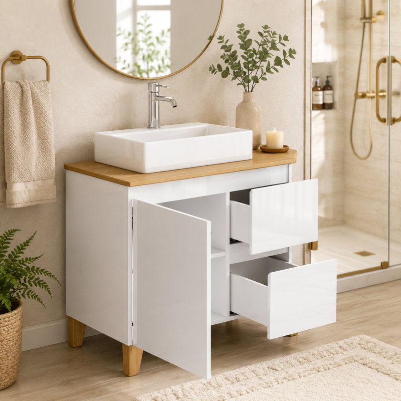 Meuble-lavabo autoportant 32 po avec lavabo vasque en céramique blanche, 1 porte et 2 tiroirs à fermeture en douceur
