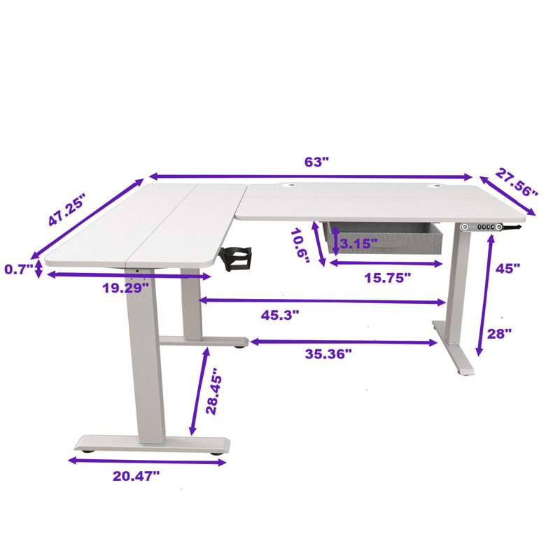 Becali 63'' L-Shaped Height Adjustable Standing Desk With A Drawer, White