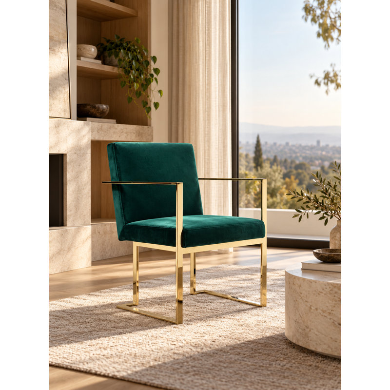 Fauteuils de salle à manger/chambre à coucher modernes en velours capitonné Dexter – Fauteuils d'intérieur avec pieds en acier doré ou argenté – Idéal pour la salle à manger, la chambre ou le salon – Velours vert et pieds dorés