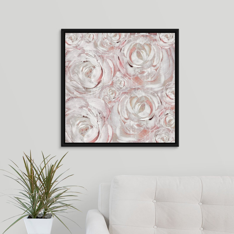 « rosé double iii », peinture sur toile, H 25,7 po x l 25,7 po, Reproduction avec cadre flottant, Noir