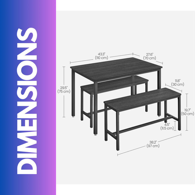 Andina Industrial Dining Table Set With 2 Benches
