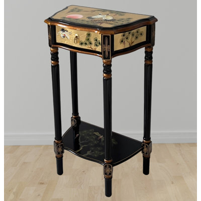 Gold Leaf Ronit Side Table with Drawer and Shelf, Hand Painted Cranes