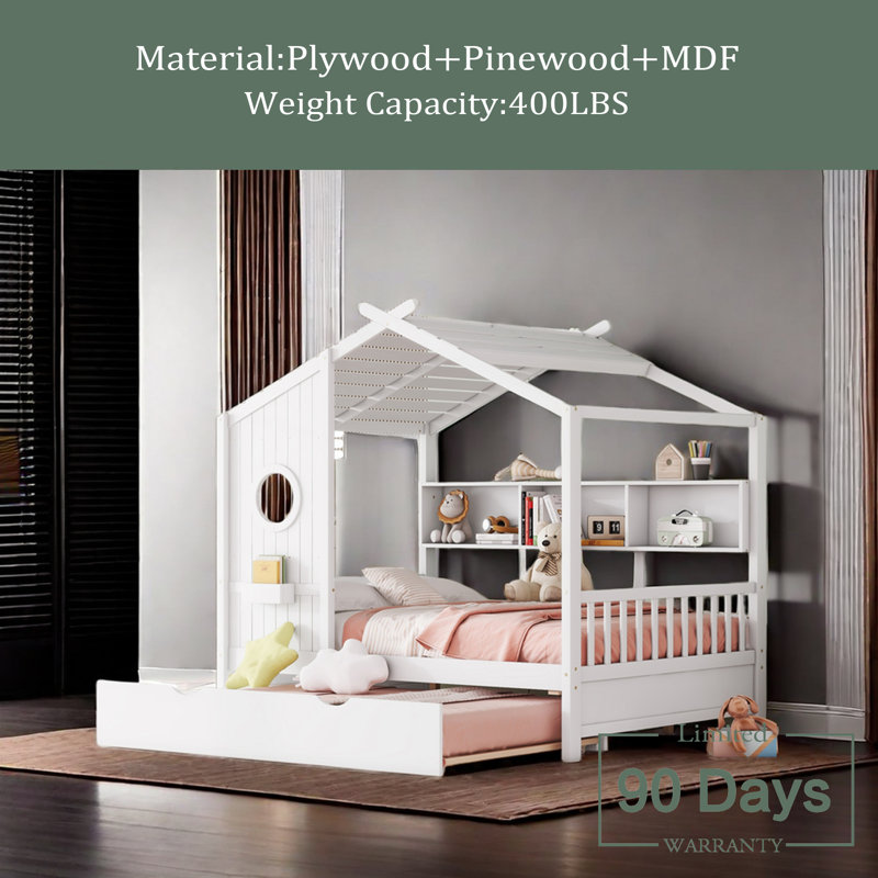 Lit simple en bois avec lit gigogne en bois, conception moderne pour enfants avec tablette de rangement, Blanc, Double