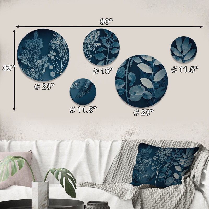 Ensemble de 5 décorations murales rétro fleurs sauvages dans les tons de bleu I