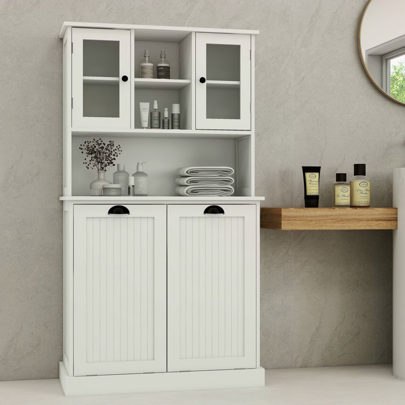 Armoire de salle de bain inclinable à deux compartiments avec panier à linge haut et 2 tablettes réglables, Blanc