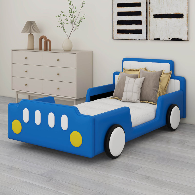 Twin Size Race Car Shaped Platform Bed With Rolling Wheels For Kids, Blue