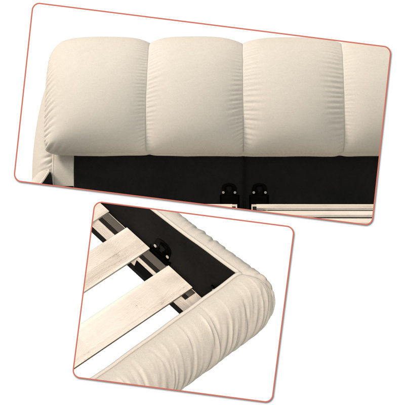 Lit plateforme tapissier moderne en polyester avec pieds en bois massif, Beige, King