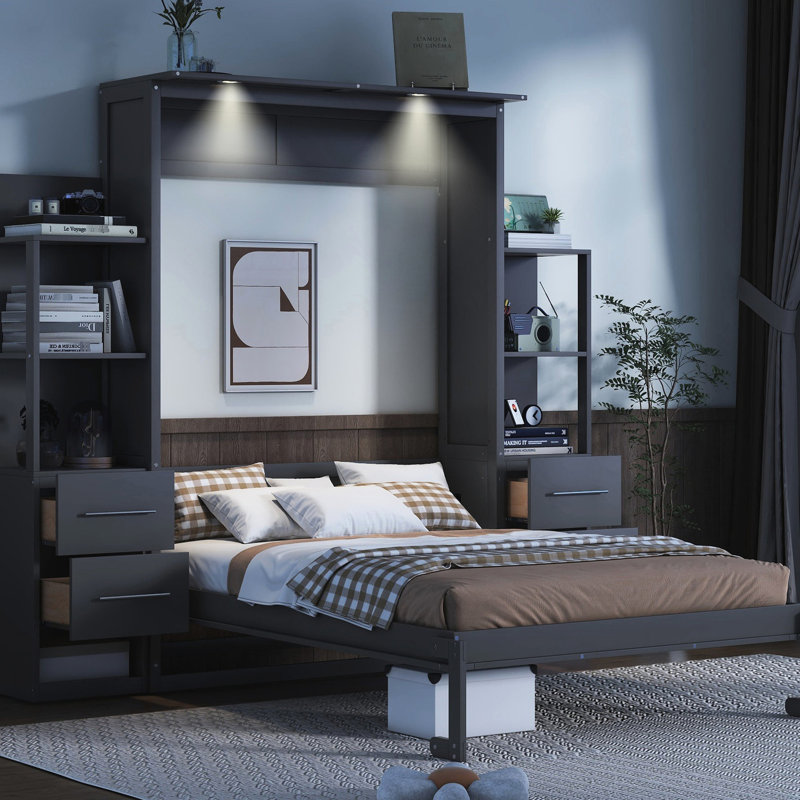 Lit double gris avec support à lattes et confort - Gain de place pour les petits appartements, Lit double