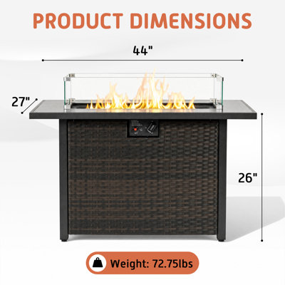 Table de foyer en résine tressée brune de 112 cm (44 pouces), table de feu au propane en verre trempé de 50 000 BTU avec pare-vent en verre.