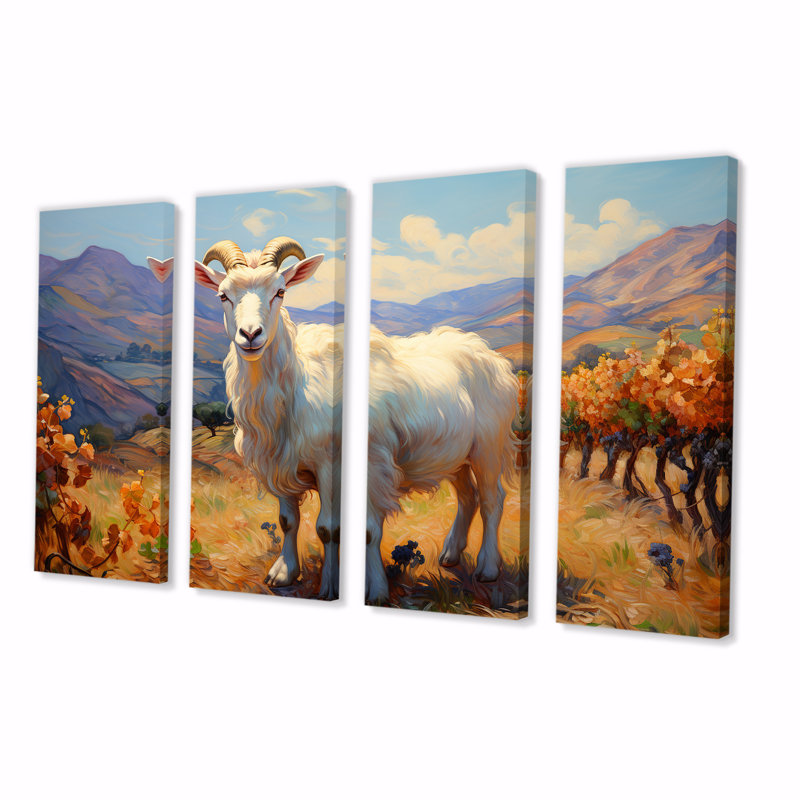 «White Caprine Goat Charm Meadows II», ensemble de 4 décorations murales chèvre, H 32 po x l 64 po