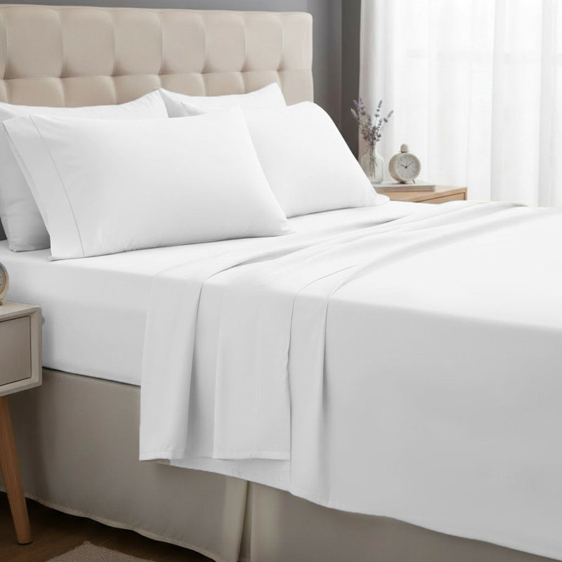 400TC Cotton Wrinkle-Free Sateen Cotton 4 Piece Sheet Set Fitted Sheet Fits Upto 16" Deep Pocket, California King Sheet Set