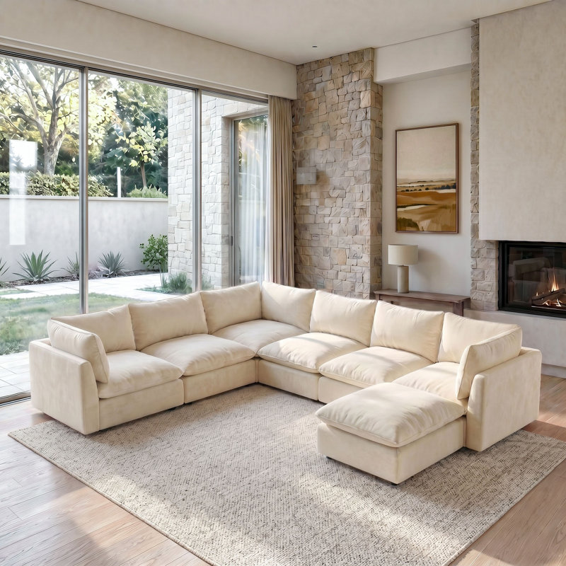 Canapé modulaire rembourré 7 pièces avec assise profonde 7 pièces, Beige Chenille