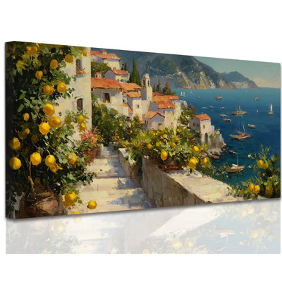  Lemon Canvas Wall Art, Rustic Mediterranean Fruit Painting, Serene Coastal Prints, Vintage Village Pictures, Artistic Kitchen Artwork Decor for Dining Room Living Room, 28x58 inches