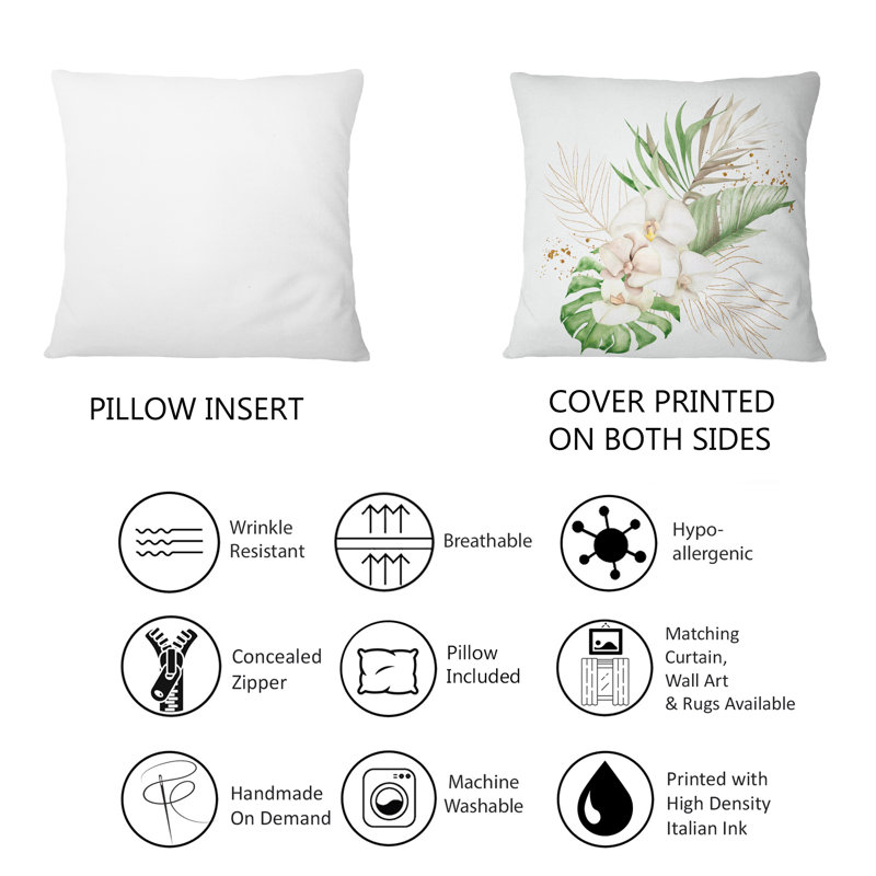 Bouquet tropical avec fleurs et feuilles dorées I - Coussin décoratif imprimé tropical 12 po x 20 po