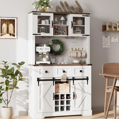 Karuna 72" Kitchen Pantry Storage Cabinet with Hutch and Sliding Barn Door, Farmhouse Tall Buffet Cabinet with Drawers, Large Coffee Bar with Wine & Glasses Rack, for Home Living Room