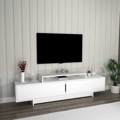 Modern White TV Stand with Wall-Mount Capability, 70.9 x 19.7 x 11.6 inches | 100% Melamine Coated Particle Board, Thickness: 0.7 inches | Additional Storage for Living Room & Entertainment Spaces, Sleek Design