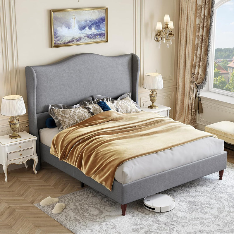 Queen Size Upholstered Wingback Platform Bed with Tall Headboard-Light Gray, Queen, Light Gray