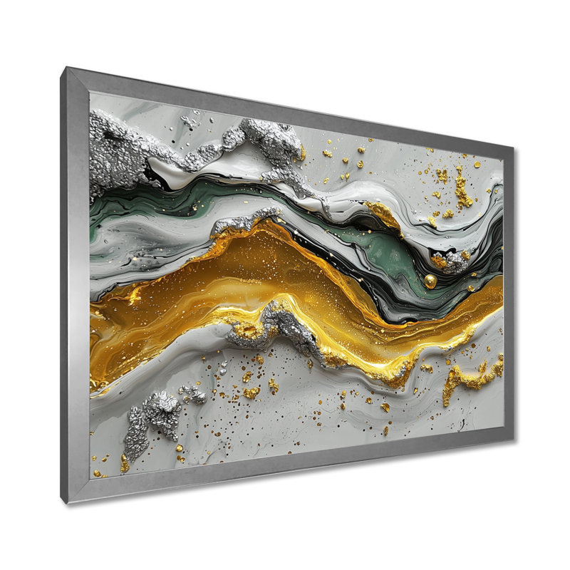 «Tranquil Divide Of Abstract», encre liquide, H 24 po x l 32 po, Cadre simple, Argent argent