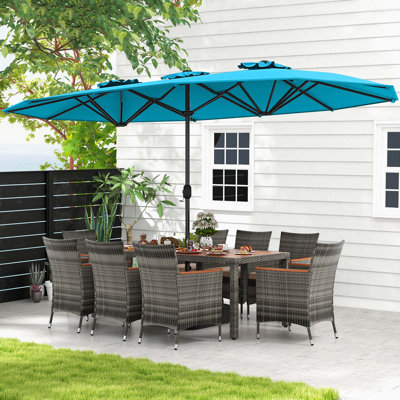 10 Pieces Patio Wicker Dining Set With Double-sided Patio Umbrella 8 Armchairs Coffee by Red Barrel Studio 10 Pieces Patio Wicker Dining Set With Double-sided Patio Umbrella 8 Armchairs Coffee by Red Barrel Studio