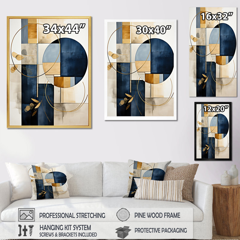 Impression sur toile géométrique moderne organique simple bleu marine I, H 32 po x l 16 po x P 1 po, Cadre flottant doré