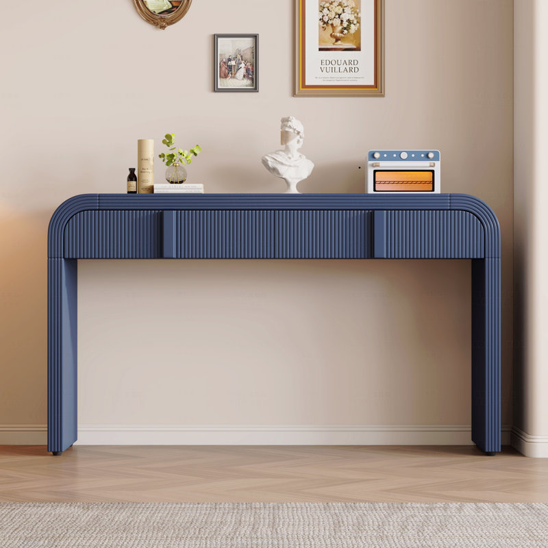 Console moderne avec 2 tiroirs de rangement, table d'entrée cannelée à silhouette arrondie, Bleu
