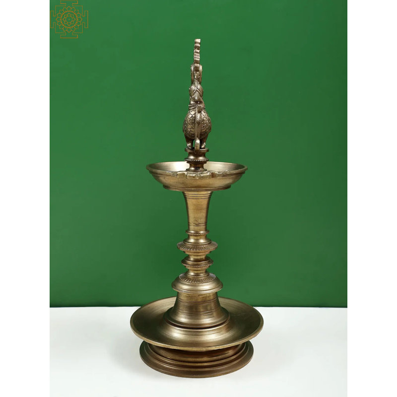 12" Fine Quality Bronze Peacock Lamp – Handmade Hoysala Art, Traditional Indian Oil Lamp for Home & Temple Décor