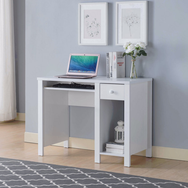Bureau à domicile compact 39 po, bureau en bois blanc avec tiroir et clavier, White