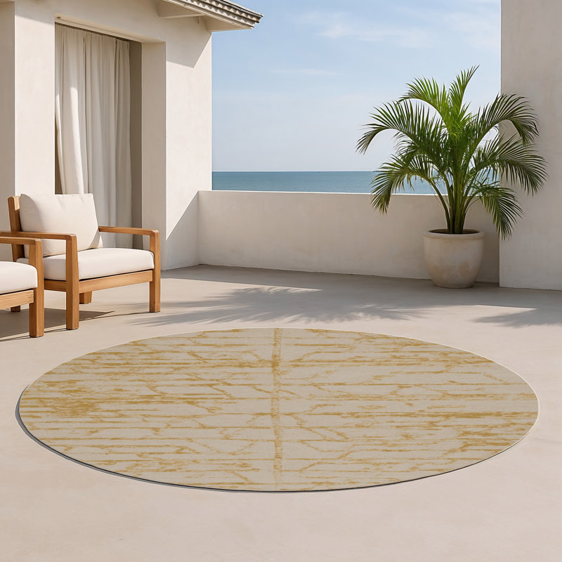 Tapis beige abstrait intérieur et extérieur, Rond 5 pi