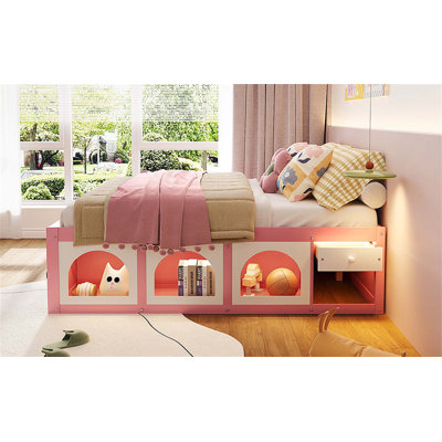 Lit plateforme moderne en bois avec bibliothèque, vitrine, éclairage à DEL et tiroir pour un rangement et un style améliorés