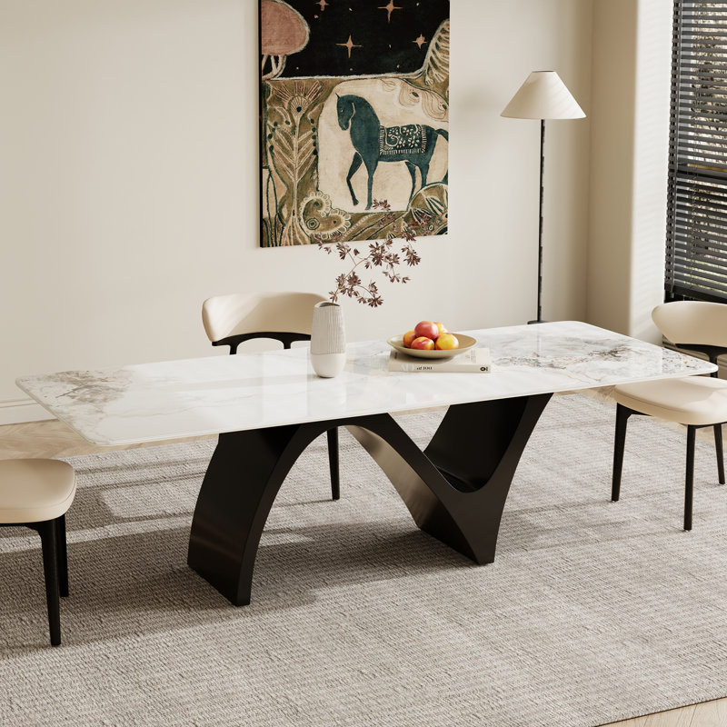 Table de salle à manger moderne et rectangulaire 6-10, plateau en pierre frittée blanc brillant, pieds en acier au carbone en forme de N