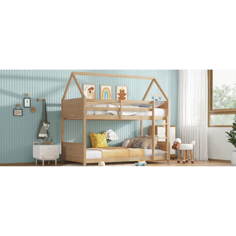 House Floor Bunk Bed, Twin Over Twin, White Oak Finish, Rubber Wood Material, Guardrails, And Classic Fluted Bed Style Featuring Low Height For Stability, , Panel Ends Design