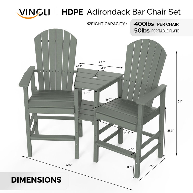 2-Piece Outdoor Adirondack Chairs With Removable Trays, Gray