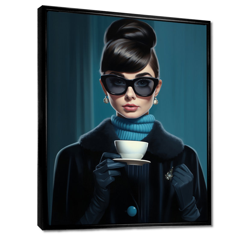 Élégante dame avec une tasse de thé - femme, art mural, Toile noire avec cadre flottant, H 20 po x l 12 po