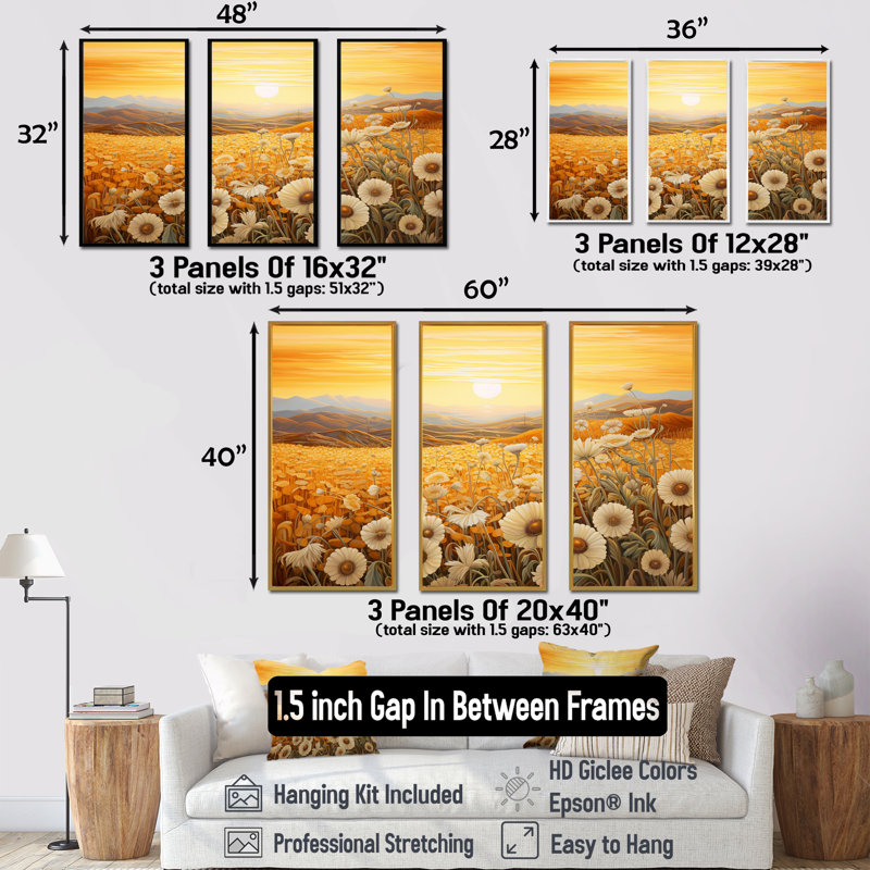 Ensemble de décoration murale Radiant Golden Blooming Meadow II - Flower, Cadre naturel flottant, H 32 po x l 48 po x P 1 po