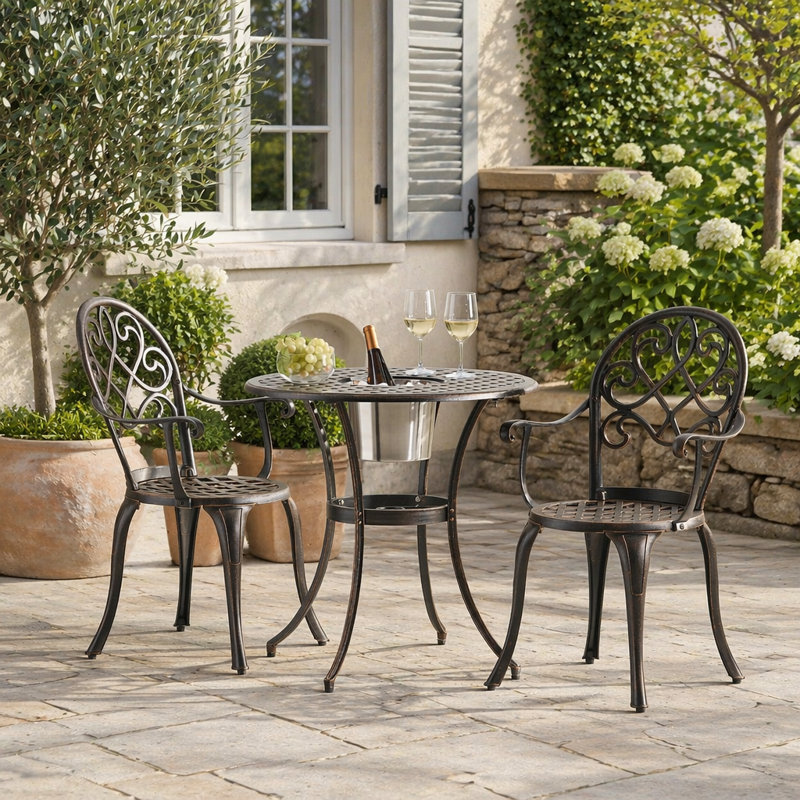 Ensemble bistro en aluminium coulé avec seau à glace 3 pièces CAMDEN, parfait pour les réceptions en plein air et la détente