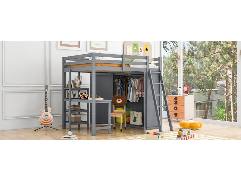 Lit mezzanine avec garde-robe, bureau et tablettes, Gris