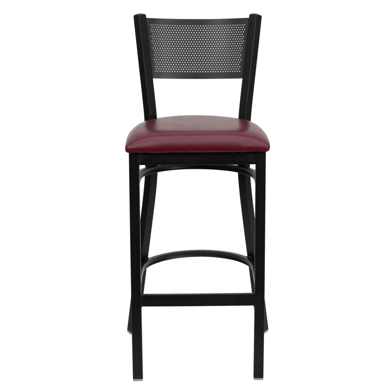 Hercules Black Grid Back Metal Bar Stool with Burgundy Vinyl Seat