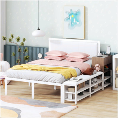 Metal Platform Bed With Two-Tier Storage Shelves