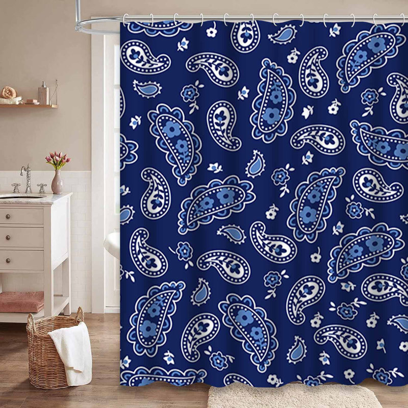 Mignon rideau de douche à motif de motif cachemire bleu avec 12 crochets, L 72 po x l 84 po