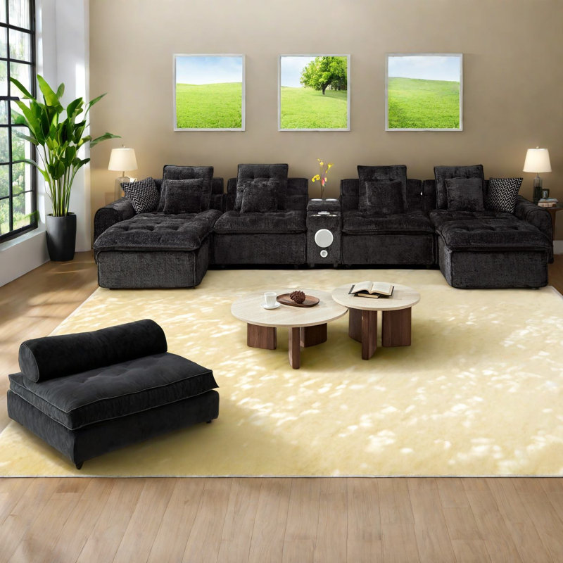 Grand sofa sectionnel avec rangement, canapé modulaire moderne en boucle noire pour la maison, Noir