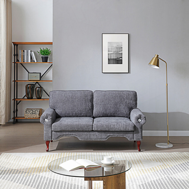 Causeuse moderne avec bouton en cristal et clou en cuivre, Gris