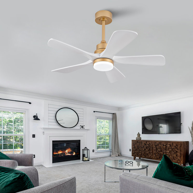 42" 5- Blade Ceiling Fan With Remote Control And Led Light, Gold, White