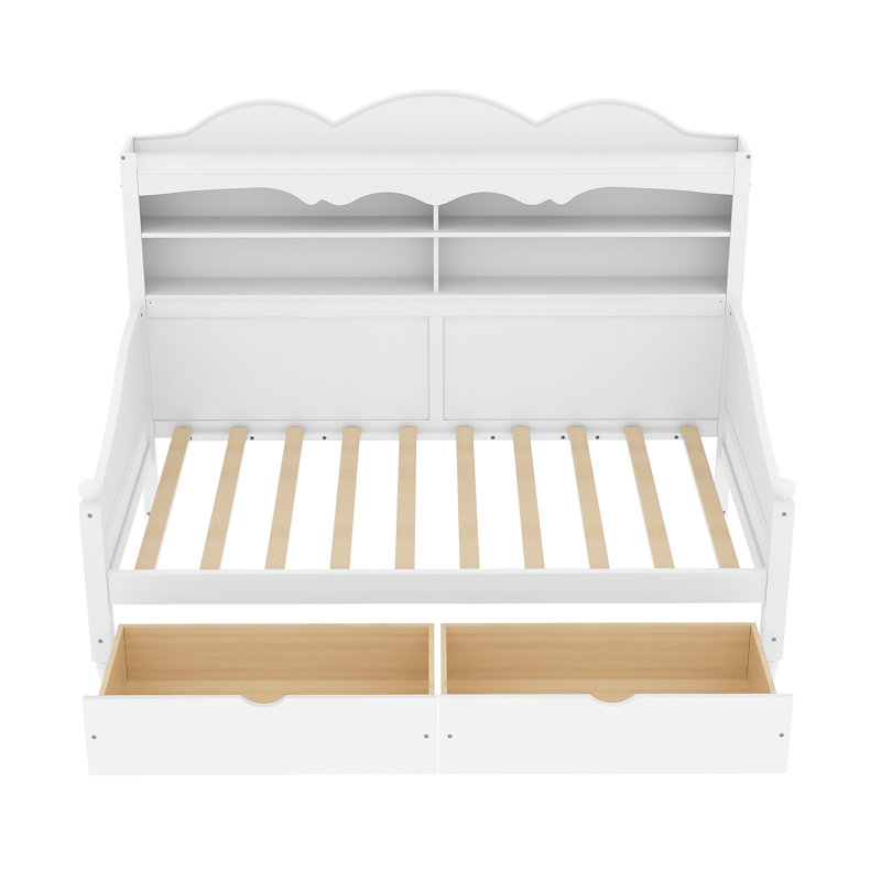 Twin Size Storage Daybed With Bookcase Backrest And 2 Drawers, White