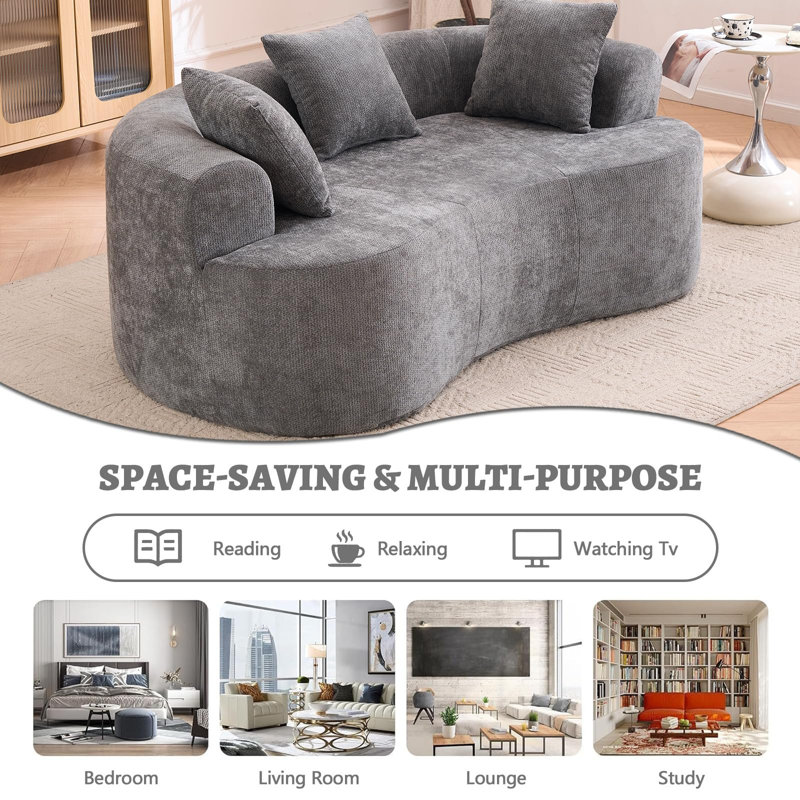 Boneless 67" Curved Loveseat For Small Spaces, Curved Couches For Living Room, Compression Sofa In A Box With 3 Pillows, Small Couch For Bedroom With Wide Armrest & Memory Foam, No Assembly Required
