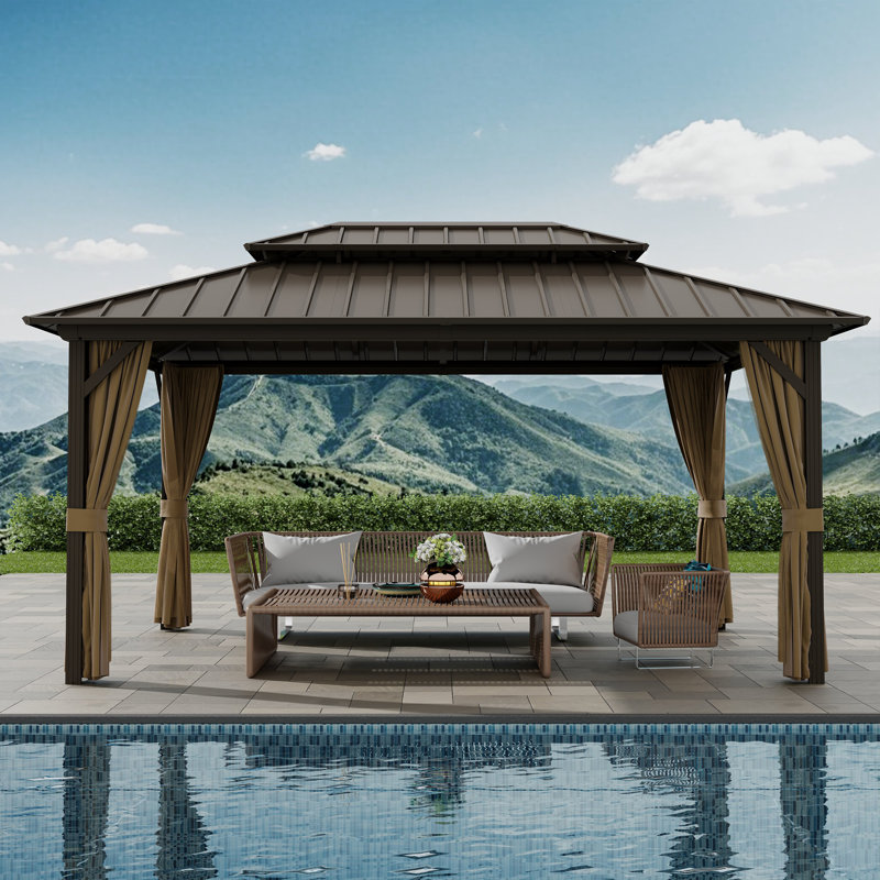 12 x 16 ft Hardtop Gazebo, Outdoor Aluminum Frame Galvanized Steel Double Roof Pavilion With Netting And Shaded Curtains, Permanent Metal Pergolas For Patio, Backyard, Deck And Lawns.