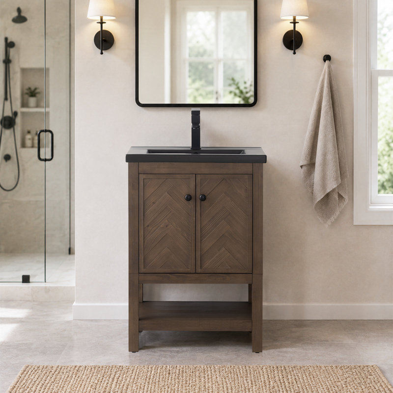 Chazden 24" Freestanding Herringbone Design Single Bathroom Vanity with Ceramic Top, Brown, Matte Black, Black