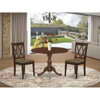 L'ensemble de table de cuisine 3 pièces pour petits espaces comprend une table de salle à manger ronde avec Dropleaf et 2 chaises rembourrées en tissu de lin, 42 x 42 pouces, acajou